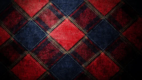Vintage red and navy plaid textile under dramatic lighting.