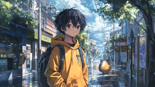 Boy in yellow hoodie walks through rainy anime city street.