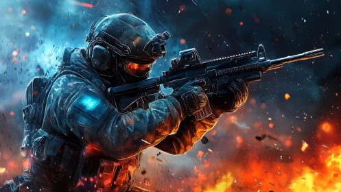 Armored infantry operator with rifle amid blast effects.