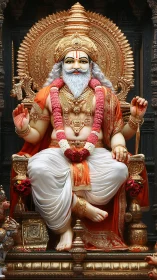 Golden-seated sage idol with ornate halo and floral garlands.