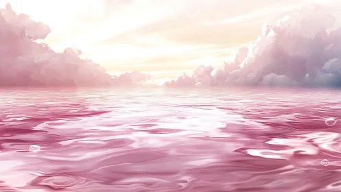 Dreamy pink ocean glows softly beneath radiant pastel skies