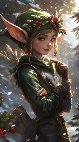Winter forest elf smiles warmly in festive morning light