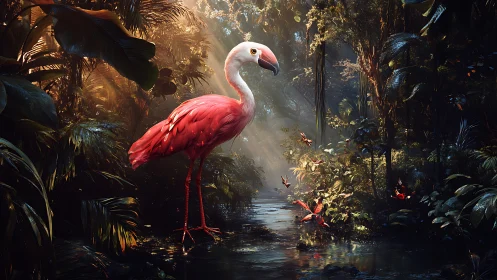 Radiant pink flamingo enjoys a sunlit jungle stream