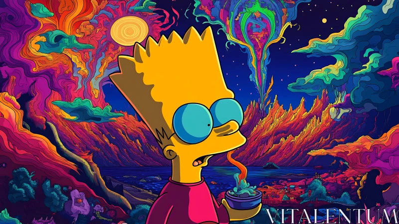 Cartoon boy explores a neon psychedelic alien dreamscape