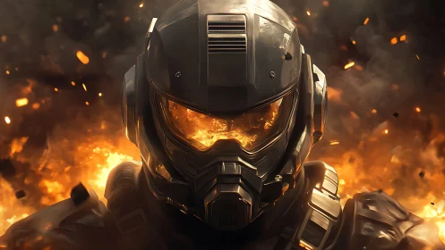 Armored sci fi soldier in burning battlefield flames.