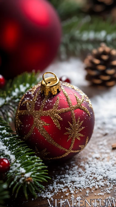 Red bauble rests in snowy pine, evoking warm Christmas calm
