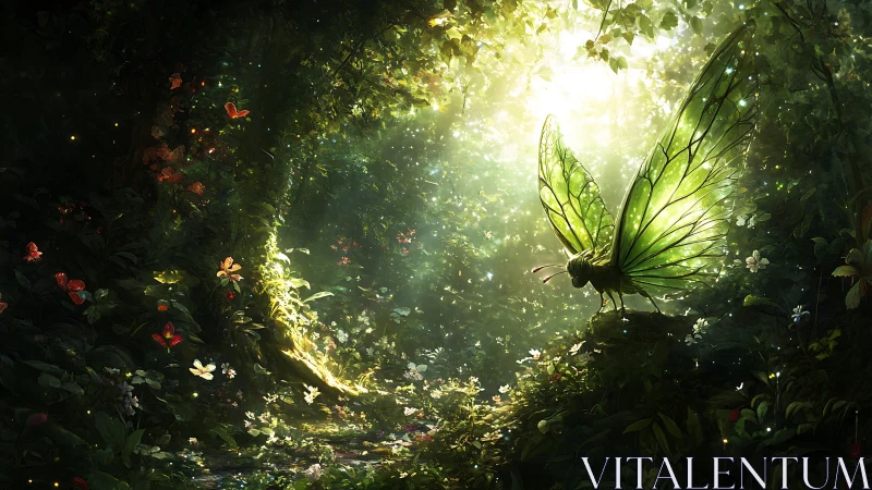 Luminous forest fairy with iridescent wings in chiaroscuro frame.