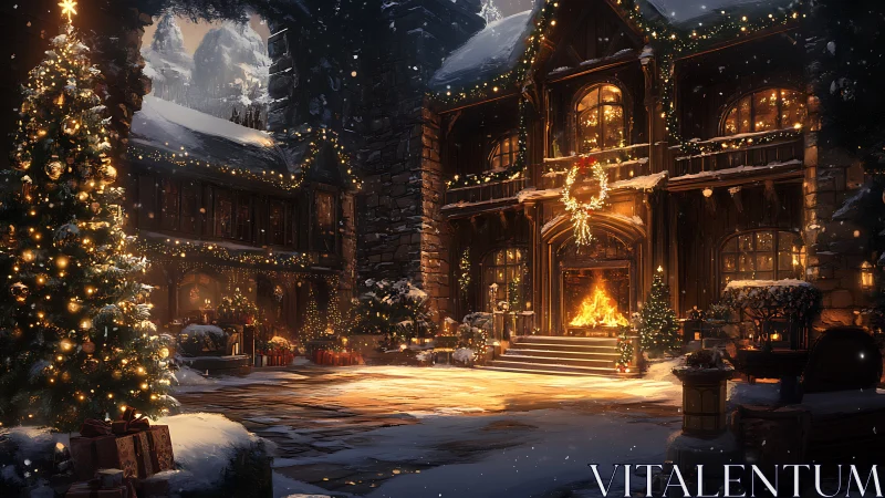 Snowy chalet courtyard glows with festive Christmas lights.