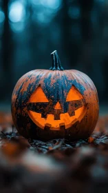 Glow of a grinning jack o lantern warms a misty autumn night