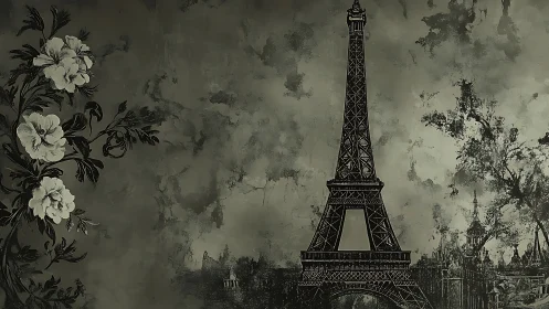 Nocturne florals embrace a shadowed Eiffel Tower skyline.