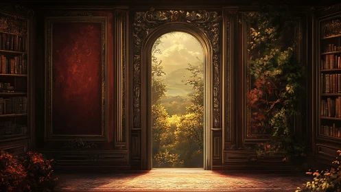 Sunlit archway unites baroque library interior and valley view