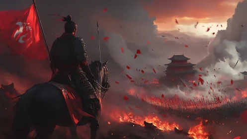 Armored warlord surveys burning fortress amid stormlit siege