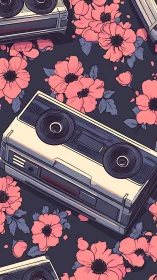 Retro cassette recorders are arranged among stylized flowers