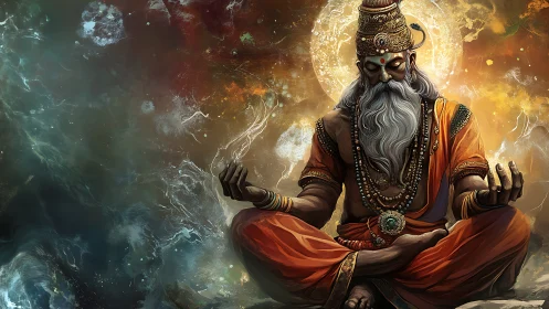 Digital painting of meditative sage in cosmic mandala field.