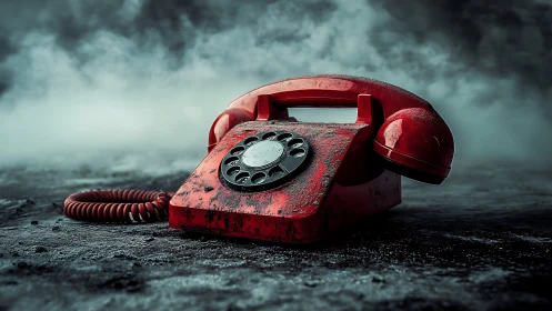 Weathered red rotary phone on foggy dark ground.
