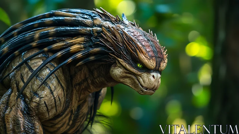 Predatory reptilian beast poised within vivid jungle light.