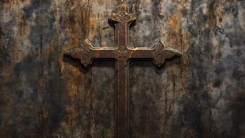 Photorealistic ornate cross on distressed metal wall surface.