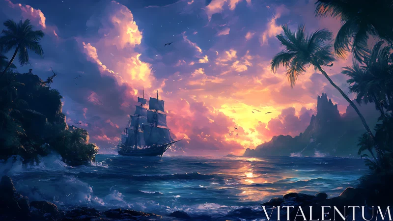 Tall ship sails golden sunset between tropical islands