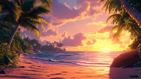Tropical Sunset Paradise Framed by Palms.