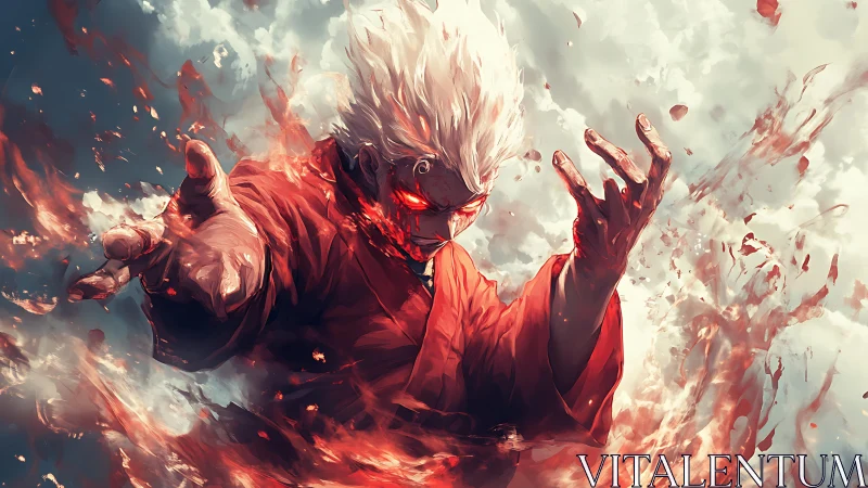 Pyrokinetic white‑haired mage channels radial fire vortex in sky