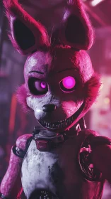Pink cyber bunny animatronic glowing in neon shadows.