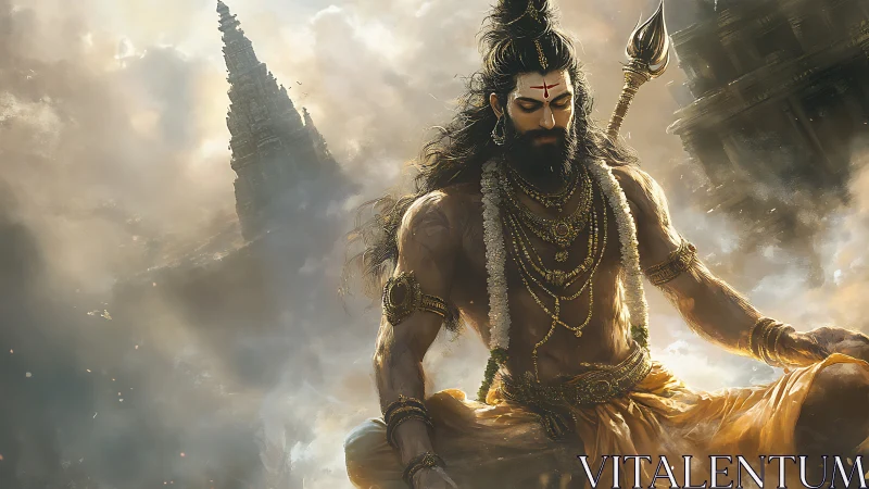 Meditating warrior sage amid swirling temple clouds.