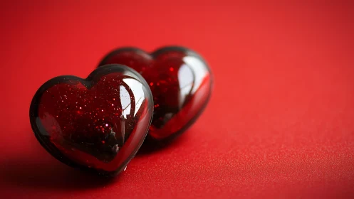 Glossy Heart Forms in Depth: Rendered 3D Objects on Crimson.