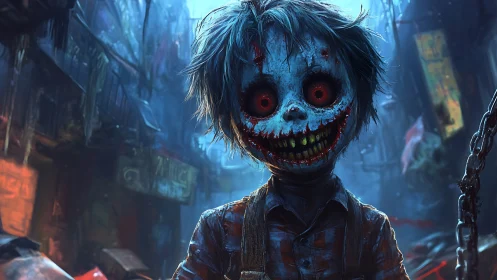 Grotesque doll-like figure in decayed urban alley at night.