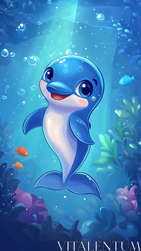 Playful baby dolphin floats happily in a glowing blue sea