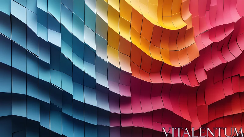 Curved gradient panels form flowing 3D chromatic facade.