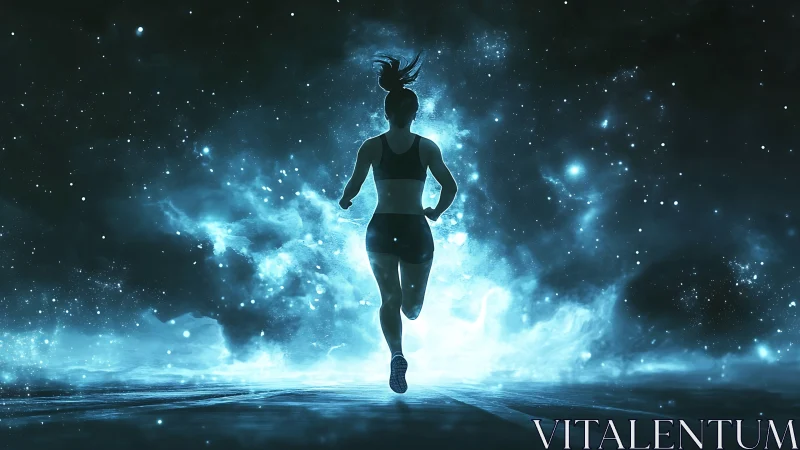 Silhouetted runner advances through luminous cosmic nebula field