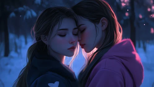 Winter Connection: Two Figures in Neon-Lit Solitude.