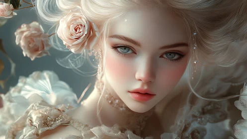 Elegant floral portrait of ethereal woman with soft gaze.