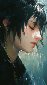 Rain-soaked anime youth rests in serene emotional silence.