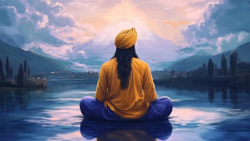 Back-lit meditating figure observes luminous mountain over lake