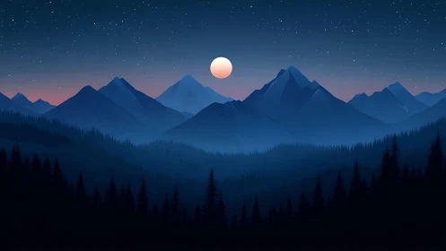 Nocturnal mountain range under moonlit clear sky.