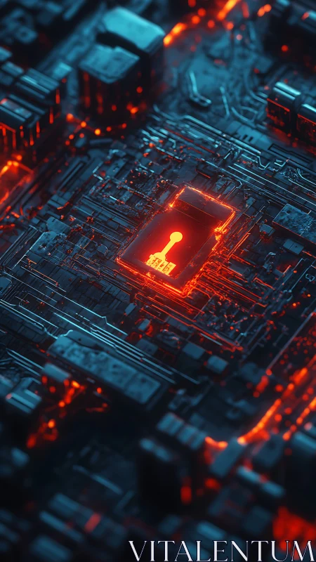 Neon circuitry gathers protectively around a glowing lock-core