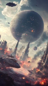 Spherical battle station over burning sci‑fi megacity skyline.