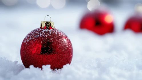 Macro close-up of red Christmas bauble resting in fresh snow