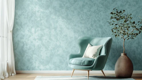Muted teal lounge corner with chair, plant and drapes.