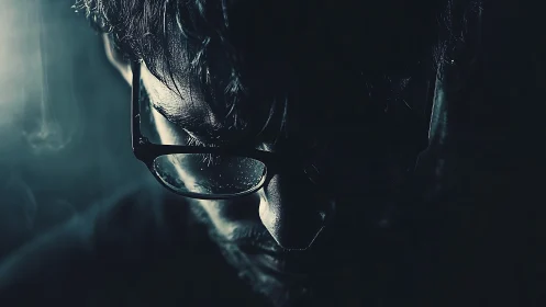 Quiet glow of late-night thoughts behind reflective glasses.