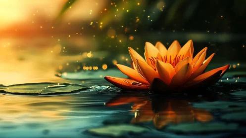 Backlit orange water lily rendered with shallow depth of field