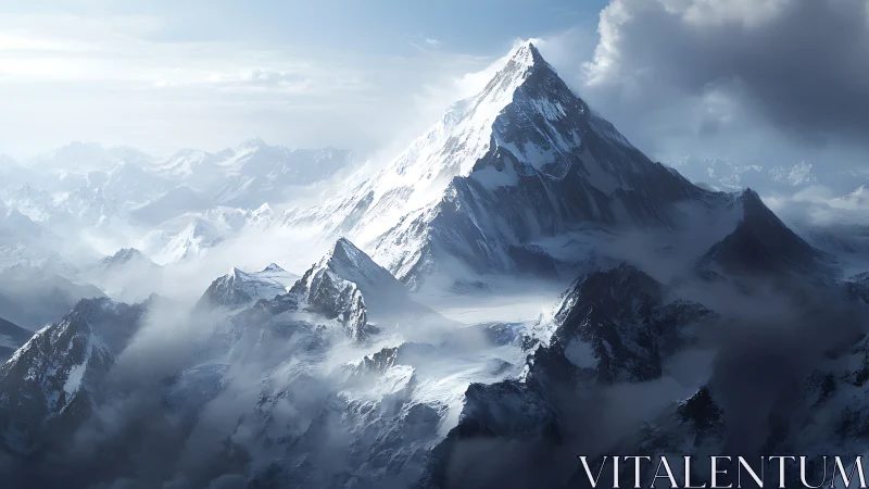 Digital alpine summit vista with atmospheric depth rendering.