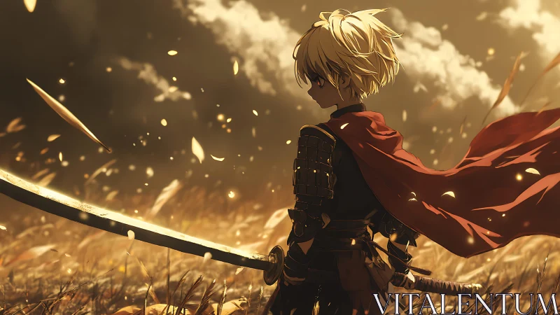 Young blonde swordsman stands in a storm of swirling embers.