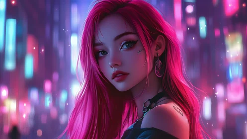 Neon-lit portrait shows pink-haired girl with cyberpunk bokeh city