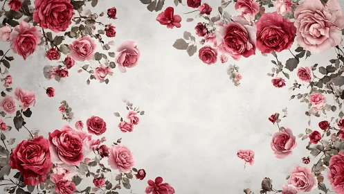 Pink Roses Frame White Wall Background.