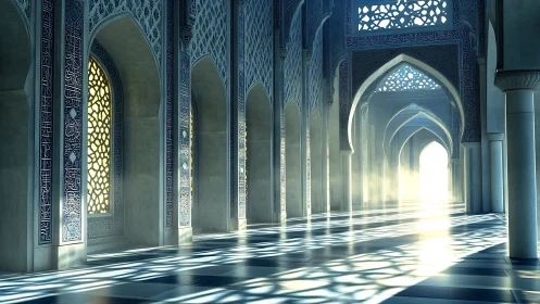 Sunlit Islamic arcade with ornate arches and patterned glow.