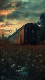 Derelict railcar rests in wildflower field at dusk.