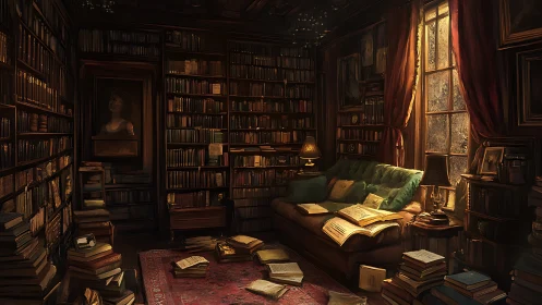Digital painting of antique reading room with stacked tomes.