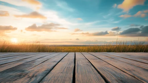 Wooden deck foreground faces grassy horizon at sunset